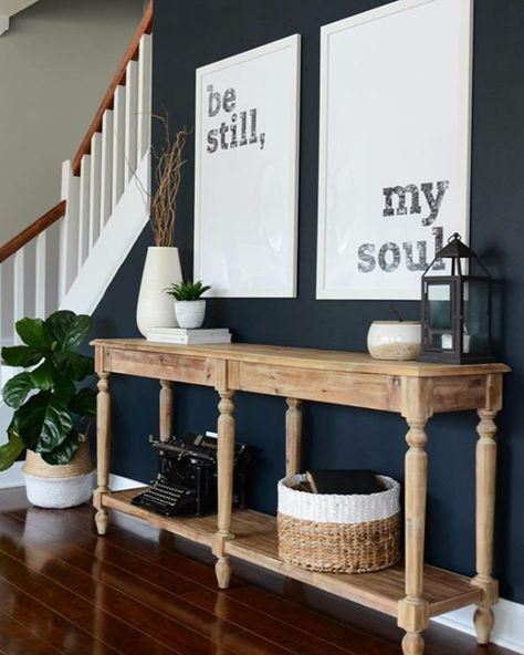 Sherwin Williams inkwell Navy Accent Walls, Dark Accent Walls, Accent Wall Paint, Hallway Console, Home Improvement Loans, Accent Walls In Living Room, Budget Home Decorating, Accent Wall Bedroom, Accent Wall Decor