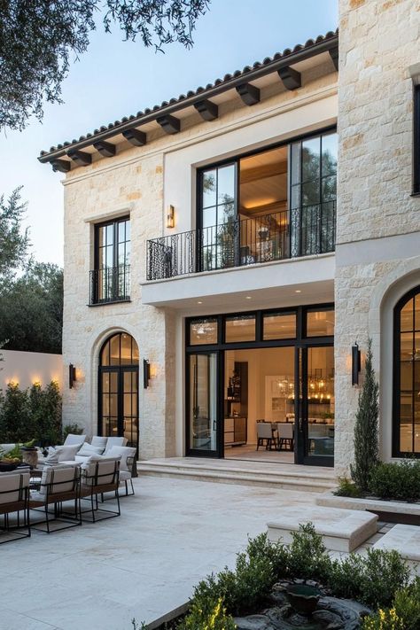 Stone Houses Mediterranean, Home Stone Exterior Ideas, Spanish Brick House Exterior, Elegant Mediterranean Homes, Mediterranean Style Architecture, Front Of House Balcony, Spanish Buildings Architecture, Mediterranean Homes Modern, Marble House Design