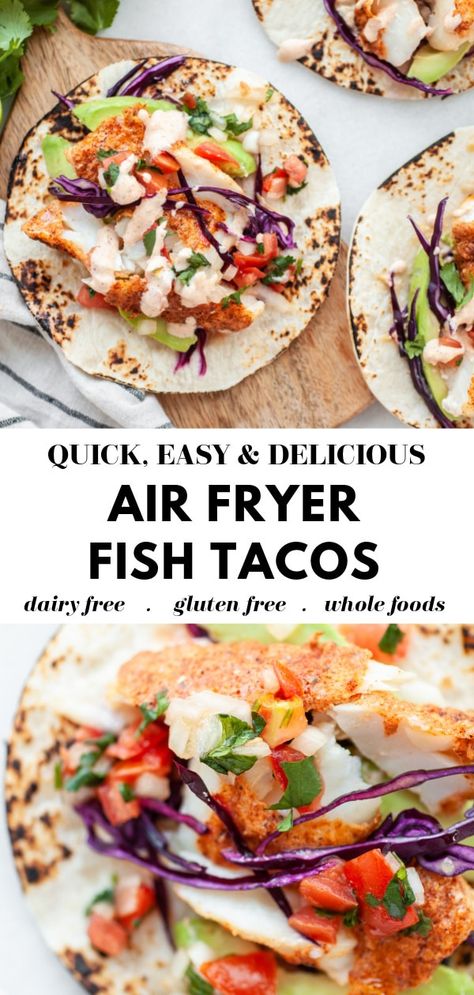 Air Fryer Tilapia Tacos, Air Fryer Cod Recipes Gluten Free, Air Fry Fish Tacos, Tilapia Fish Tacos Air Fryer, Fish Tacos Air Fryer Recipes, Air Fryer Cod Tacos, Perch Fish Recipes Air Fryer, Air Fried Fish Tacos, Air Fryer Gluten Free Recipes