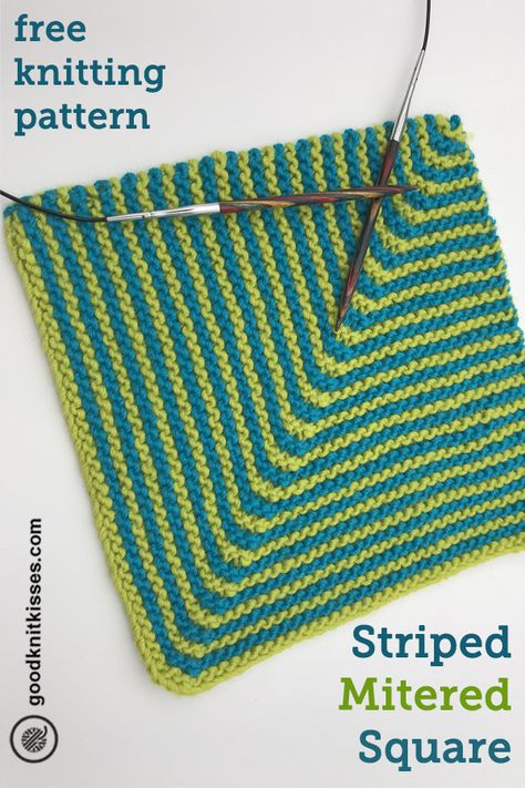 Learn how to knit a colorful Striped Mitered Square with this free pattern and tutorial video from GoodKnit Kisses #goodknitkisses #knitting #knit #freeknittingpattern #knittingpattern #howtoknit Miter Square Knit Blanket, How To Knit A Mitered Square, Mitred Squares Knitting, Mitered Square Knitting, Knit Squares, Knitted Squares Pattern, Easy Blanket Knitting Patterns, Knitted Blanket Squares, Knitting Squares