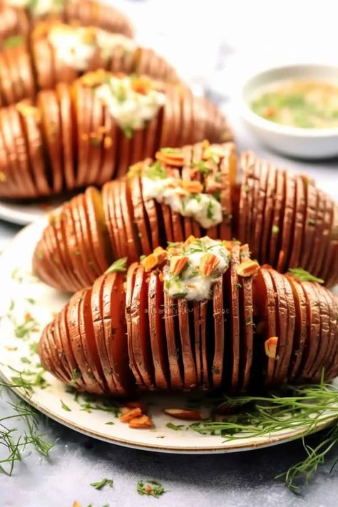 Hasselback Sweet Potatoes - BeCentsational Easy Dinner Sides, Hasselback Sweet Potatoes, Holiday Side Dish, Potato Recipes Side Dishes, Holiday Side, Thanksgiving Recipes Side Dishes, Side Dishes Recipes, Twice Baked Potatoes, Holiday Side Dishes