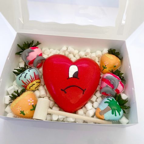 Bad Bunny Chocolate Breakable Heart, Bad Bunny Heart Cake, Bad Bunny Cake Pops, Bad Bunny Chocolate Covered Strawberries, Bad Bunny Flower Bouquet, Bad Bunny Party Ideas, Bad Bunny Bouquet, Bad Bunny Strawberries, Bad Bunny Cupcakes