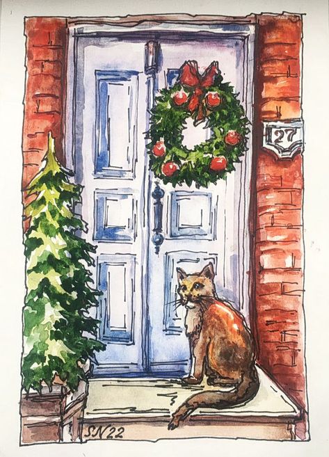 Christmas Door Watercolor Original Art Christmas Wreath Ukrainian Art Original Watercolor Art Watercolor Painting Home Ukraine Seller Paintings Of Christmas Wreaths, Watercolor Doors, Christmas Doors, Holiday Door, Watercolor Christmas Cards, Art Watercolor Painting, Original Watercolor Art, Ukrainian Art, Watercolor Ideas