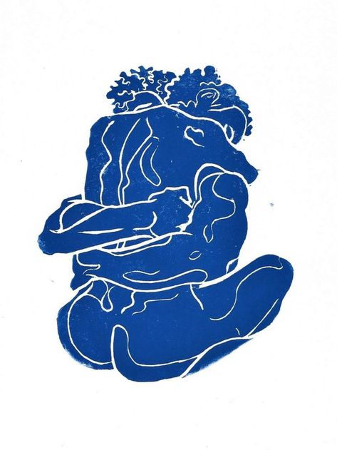 Linogravure réalisée par l'artiste peintre Julia Even. Impression faite à la main avec de l'encre bleue représentant un homme et une femme enlacés. La femme est de dos et repose sa tête sur l'épaule de l'homme.  Les bras de l'homme entourent le corps de la femme. Nommée "Le repos" - dimensions 18x24cm 
Idée de décoration intérieure moderne et artisanale. Oeuvre d'art Made in France, produit local et environnemental. Tableau Couple, Couple Illustrations, Art Amour, Meaningful Art, Couple Illustration, Art Et Illustration, Soul Art, Art Inspiration Painting, Art Challenge