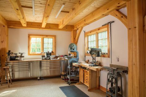 Workshop Organization Ideas, Timber Frame Garage, Shed Workshop, Farmhouse Garage, Man Shed, Home Bar Design, Wainscoting Panels, Party Barn, Brown Floors