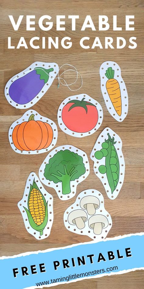 Free Vegetable Lacing Cards. This free printable for kids is a wonderful fine motor activity for toddlers and preschool. perfect for healthy eating or nature lesson plans. #nutrition #freeprintable #finemotor #toddlers #preschool Garden Fine Motor Preschool, Fruit Lacing Cards Free Printable, Growing Vegetable Soup Preschool, Garden Fine Motor Activities, Free Vegetable Printables, Nutrition Week Activities For Toddlers, Health And Nutrition Crafts For Toddlers, Vegetable Crafts For Toddlers, Fruits Crafts For Kids