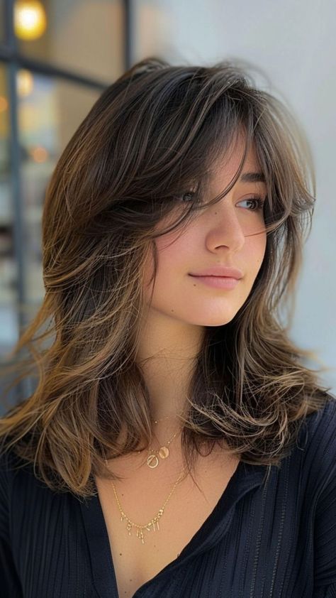 Mid-Length Haircut with wispy Curtain Bangs Bangs Haircut Ideas, Haircut Ideas Trendy, Bangs Haircut, Mid Length Hair With Layers, Trendy Hairstyle, Midlength Haircuts, Haircuts For Medium Hair, Mid Length Hair, Haircuts With Bangs