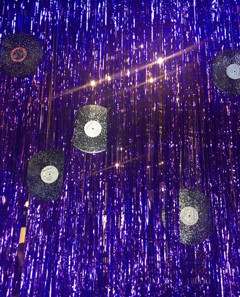 Purple Tinsel Curtains paired with Glitter Records Tinsel Curtain, Glitter Curtains, Purple Bathroom, Purple Bathrooms, 70s Party, Purple Party, Bakery Shop, Disco Party, Purple Glitter