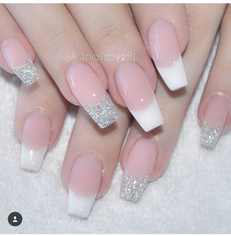 glittered French coffin Wedding Nails French, French Tip Acrylic Nails, French Nail Designs, Coffin Shape Nails, Beautiful Nail Designs, Bling Nails, French Tip Nails, Gorgeous Nails, Wedding Nails