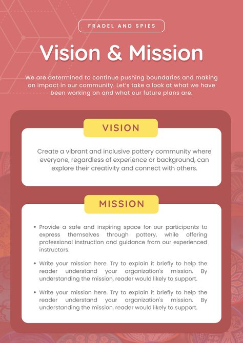 Make your vision and mission stand out! 🔴🟡 Our red and yellow simple poster design is the perfect way to highlight your goals with a bold and vibrant touch. Share your purpose with impact! Get yours now! Mission Values Vision Design, Mission Vision Poster, Mission Vision Design, Mission And Vision Design Template, Mission And Vision Design, Mission Vision Values Design, Company Vision And Mission Design, Simple Poster Design, Mission Vision