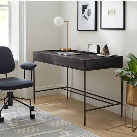 Industrial Storage Desk (48") | West Elm Industrial Style Office Furniture, West Elm Industrial, Ladder Shelf Desk, Industrial Style Office, Wide Bookshelf, 60s Furniture, Storage Desk, Desk Black, Bookcase Desk