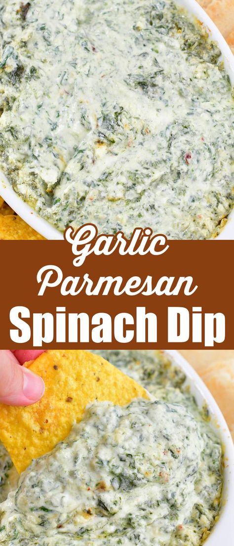 Garlic Parmesan Spinach Dip is a deliciously warm, cheesy dip that really highlights the garlic and parmesan flavors! It’s easy to make, completely addictive, and always a huge hit at parties. Hot Dip Recipes Vegetarian, Garlic Spinach Dip, Creamy Garlic Parmesan Broccoli, Hot Cheesy Spinach Dip, Campfire Spinach Dip, Cheesy Dips Easy, Fresh Spinach Dip Recipe, Mellow Mushroom Spinach Dip Recipe, Parmesan Crusted Spinach Dip Longhorn