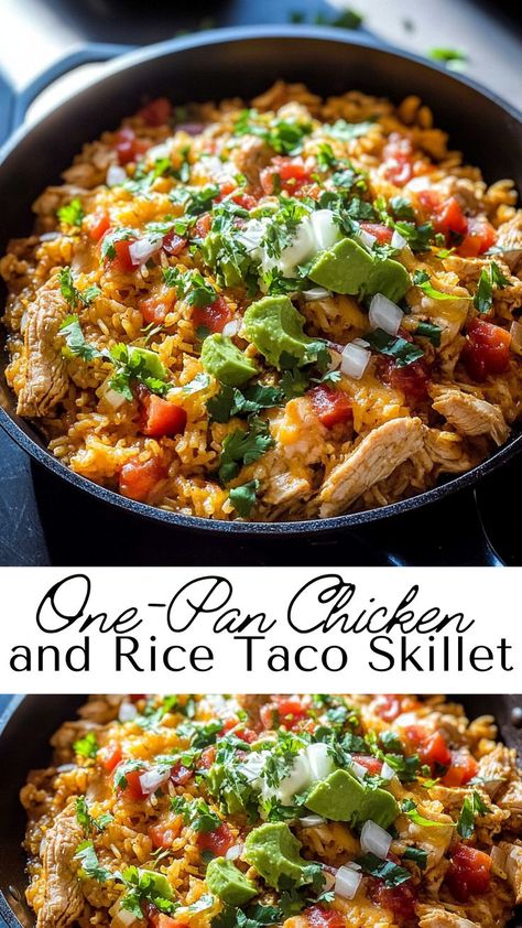 Simplify dinner with this one-pan chicken and rice taco skillet! Juicy chicken pieces are cooked with fluffy rice, taco spices, and savory toppings for a meal bursting with flavor. Perfect for fall recipes, this dish offers a quick, satisfying dinner option for busy weeknights. Add your favorite taco toppings for an extra kick of flavor. One Pan Chicken Tacos, Mexican Skillet Chicken, Tex Mex Dinner Ideas, One Pan Taco Rice Dinner, Stove Top Chicken Tacos, Easy Chicken Skillet Dinner, Fluffy Tacos, Chicken And Rice Skillet Recipes, 1 Pan Meals