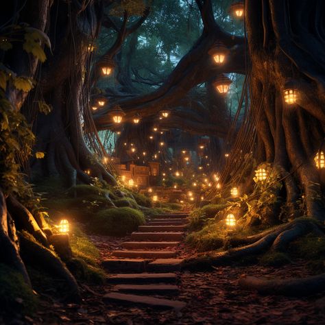 a densed fantasy forest with a trail of lamps and a goblin house, magical lights, glowing strings, uhd, hdr, 8k, hyper details, rich colors, photograph, Magical Woods Aesthetic, Fantasy Forest Room, Magical House Aesthetic, Fairy Lights Forest, Fantasy Forest House, Enchanted Forest House, Magical World Aesthetic, Forest With Lights, Light Fantasy Aesthetic