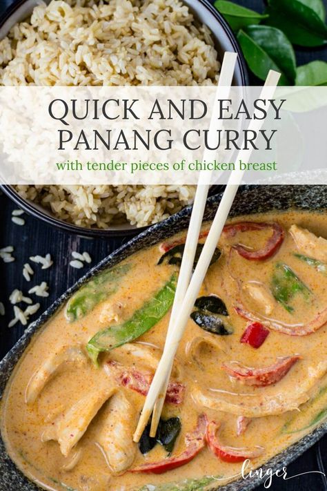 Learn how to make this quick and easy Chicken Panang Curry from scratch. Panang Curry Paste, coconut milk, tender chicken and lots of veggies go into this Thai Curry dish recipe. Chicken Panang Curry Recipe, Panang Curry Chicken, Chicken Panang, Panang Curry Recipe, Panang Curry Paste, Quick Easy Chicken, Panang Curry, Easy Curry, Quick Dinners