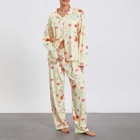 Passec Women 2 Piece Floral Pajamas Lounge Set Sweet Strawberry Long Sleeve Shirt+Wide Leg Palazzo Pants Loungewear, Fruit Yellow, Small : Amazon.ca: Clothing, Shoes & Accessories Women Sleepwear, Wide Leg Palazzo Pants, Floral Pajamas, Sleepwear & Loungewear, Print Pajamas, Elastic Waist Pants, Lounge Set, Lounge Sets, Palazzo Pants