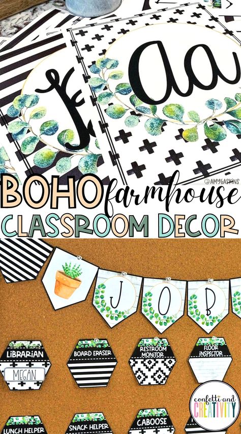 Black White And Green Classroom, Boho Green Classroom Decor, Greenery Classroom Bulletin Board, Eucalyptus Classroom Door Decor, Boho Farmhouse Classroom Decor, Boho Farmhouse Classroom, Middle School Classroom Themes, Vintage Classroom Decor, Classroom Themes Cactus