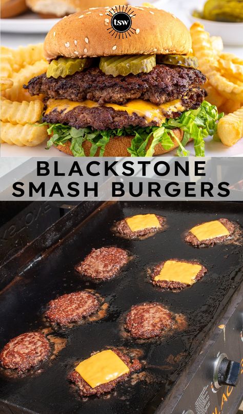 Hamburger On The Blackstone, Blackstone Smash Burger Recipe Tortilla, Griddle Burgers Recipe, Griddle Hamburger Recipes, Blackstone Smashed Burgers, Smashed Burgers On Blackstone, Traeger Griddle Recipes, Oven Smash Burgers, Blackstone Grill Smash Burgers