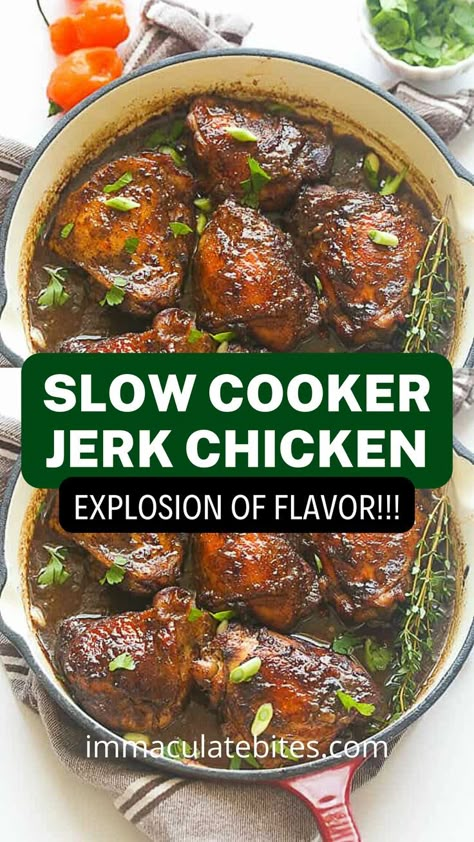 Chicken in the crockpot is a totally foolproof win for everyone. Perhaps you have enjoyed jerk chicken in your lifetime (If not, I heartily recommend doing so). It is truly one of life’s pleasures. Boy, it is an explosion of flavor. No complicated cooking method for this slow cooker chicken recipe. More caribbean chicken recipes, meal planning ideas, dinner ideas, dinner recipes at immaculatebites. Happy cooking! 😉 Crockpot Recipes Different, Crockpot Diet Recipes, Europe Recipes, Jerk Chicken Recipe Stove Top, Jerk Chicken Authentic, Slow Cooker Ideas Dinners, Dinner Ideas Crockpot Chicken, Crockpot Spicy Chicken Recipes, Slow Cooker Stewed Chicken