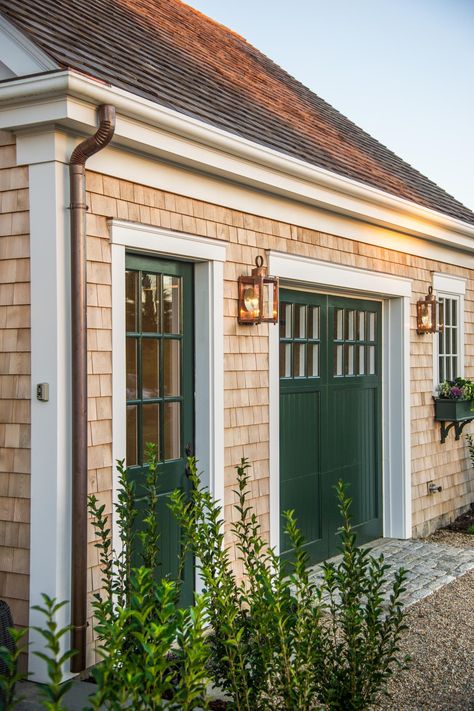 Light Above Garage Door, Carriage Garage, Green Doors, Carriage House Doors, Garage Pictures, Coastal Exterior, Hgtv Dream Homes, Patio Pictures, Shingle House