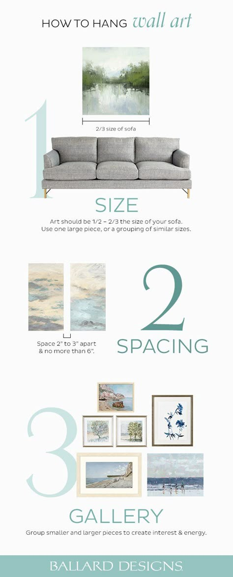 Hanging Wall Art – The Complete Guide on the How to Decorate blog from Ballard Designs! Learn wall art size, wall art spacing and how to make the perfect gallery wall with these decorating tricks and wall hanging tips from professional interior designers. #WallArt #HangingWallArt #WallArtSize #GalleryWall Decor Over Couch, Art Over Couch, Hanging Pictures On The Wall, Art Above Couch, Hang Wall Art, Gallery Wall Layout, Perfect Gallery Wall, Wall Art Size, Gallery Wall Living Room