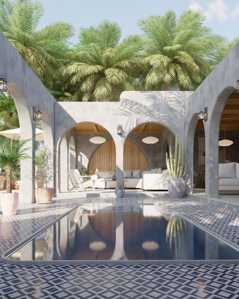 ArtStation - Mediterranean Oasis Modern Mediterranean Pool Design, Greek Inspired Home, Beach Hotel Architecture, Minimal Architecture House, Oasis Architecture, Mediterranean Villa Design, Mediterranean Bar, Mediterranean Resort, Mediterranean Hotel