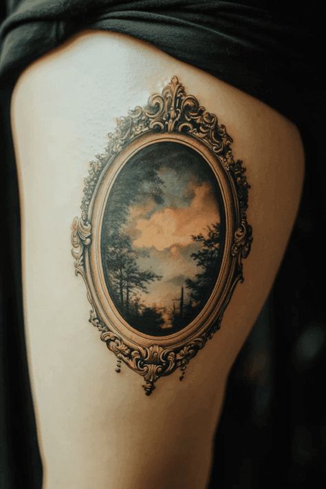 Goth Victorian Tattoo, Antique Mirror Tattoo, Antique Frame Tattoo, Victorian Tattoo Vintage, Gothic Style Tattoos, Antique Tattoos, Victorian Gothic Tattoo Ideas, Victorian Tattoo Ideas, Classical Art Tattoo