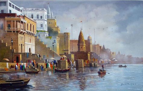 This mesmerizing painting of Banaras Ghat by artist Govind Dumbre will take you back in time. The subtle yet powerful colors make the landscape standout. The beautifully painted sky would remind you of the perfect calm evening and you can almost hear the chirping of the birds. http://bit.ly/1LlCA3g   #Artist #GovindDumbre #Painting #BanarasGhat #Artwork #Colorful #HolyPlace #Blissful #Varanasi #Famous #IndianArt #ArtGallery #Mumbai #PaintedRhythm Banaras Ghat Watercolour Painting, Benaras Ghat Paintings, Kashi Painting, Varanasi Ghat Painting, Banaras Ghat Painting, Banaras Painting, Varanasi Painting, Ghat Painting, Banaras Ghat