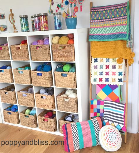 poppyandbliss | fresh modern crochet Knitting Room Organization, Crochet Craft Room Ideas, Crochet Room Organization, Yarn Room Ideas, Crochet Craft Room, Yarn Craft Room, Yarn Storage Ideas Small Spaces, Storage Ideas Small Spaces, Yarn Storage Ideas