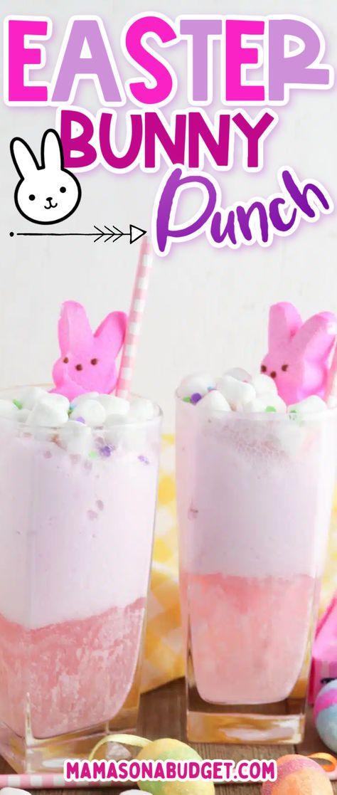 This Easter, why not make your gathering extra special with this delicious and easy-to-make Easy Easter Punch? A festive pink non-alcoholic Easter punch recipe topped with marshmallows and peeps. Easter Punch For Kids, Easter Drinks Non Alcoholic, Easter Punch Recipes Non Alcoholic, Easter Punch Recipes, Easter Bunny Punch, Easter Lunch Recipes, Easter Punch, Bunny Punch, Bunny Marshmallow