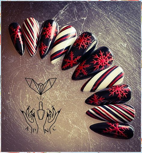 Christmas Nails Red - Never miss the fantastic and greatest deal. Click to visit and discover more! Christmas Nails Dark Colors, Black And Red Snowflake Nails, Black Chrome Christmas Nails, Emo Xmas Nails, Red And Black Christmas Nails Design, Christmas Nails Edgy, Holiday Goth Nails, Black Christmas Nails Stiletto, Goth Nails Christmas