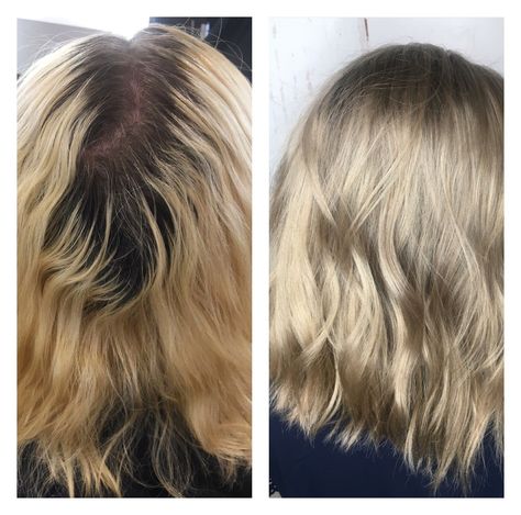 @_hairbysydneym_ ・・・ Today was a #fun one! I always love a good #colorcorrection 🙌🏼 We started with about an inch of #natural regrowth, with extremely yellow completely solid blonde mids/ends and our goal was something still #light, but much more natural and #maintainable. Went through and low lighted with @keunehaircosmetics 7.18 + 7. Then at the bowl, dragged down 7.18+8 in her roots to add softness to the #regrowth, then #toned the mids and ends with 10.81 and 9.27. What a #change! Dark Regrowth Blonde Hair, Light Brown Hair Grown Out Roots, Regrowth Blonde Dark Roots, Blonde Regrowth Roots, Brown Root Drag To Blonde, Multi Deminsional Dark Blonde Hair, Beige Blonde, Hair Regrowth, Light Hair