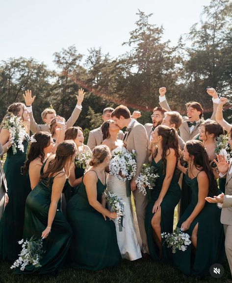 Forest Green And Tan Wedding, Rustic Wedding Bridal Party, Green And Brown Wedding Party, Neutral Forest Green Wedding, Dark Green Bridal Party, Wedding Party Color Scheme, Bridal Party Color Schemes, Forest Green Wedding, Bridal Parties Colors