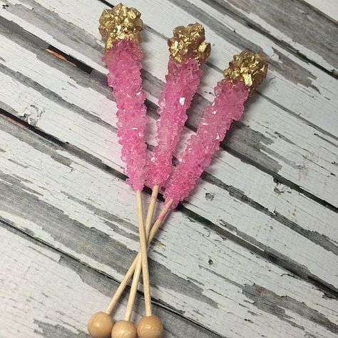 12 Light Pink Rock Candy with Gold Tips!! Kick your next party up a notch with gold tipped rock candy!!! I can make these to match any Sweets Table Birthday, Pretzels Wedding, Pink Rock Candy, Sleeping Beauty Party, Sweet Buffet, Table Birthday, Sugar Sticks, Sweet 16 Themes, Birthday Party Treats