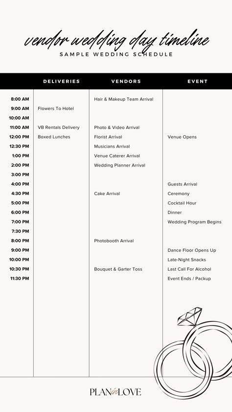 Coordinate with your wedding vendors for a seamless wedding day with our vendor wedding day timeline. Our guide includes a sample template and guide to help you create a timeline that works for everyone. Ensure your vendors are on the same page and make your wedding day stress-free. Learn more now! Wedding Vendor Timeline, Wedding Day Timeline For Bridal Party, Wedding Vendors List, Wedding Vendor Tip Guide, Day Of Wedding Coordinator Duties, Waffley Wedded, Wedding Coordinator Duties, Wedding Binders, Wedding Schedule Timeline