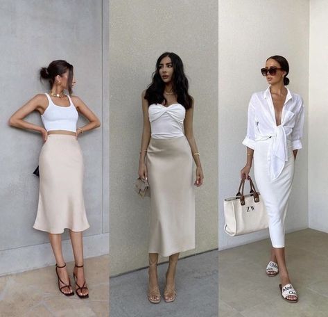 White Satin Skirt Outfit, Silk Midi Skirt Outfit, Cream Skirt Outfit, Satin Skirt Outfit Summer, Midi Skirt Outfits Summer, Slip Skirt Outfit, Silk Skirt Outfit, Minimalist Wardrobe Capsule, Satin Skirt Outfit