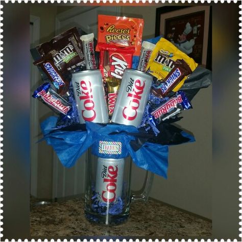 Coke/Chocolate bouquet Diet Coke Bouquet, Candy Bouquets, Chocolate Bouquet, Candy Bouquet, Diet Coke, Coors Light Beer Can, Beer Can, Secret Santa, Beverage Can