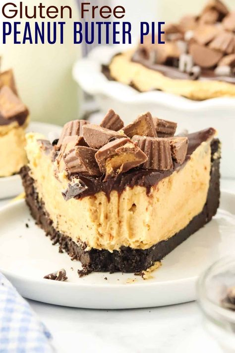 Satisfy your sweet tooth with this no-bake Peanut Butter Pie! Rich peanut butter filling, chocolate ganache, and a gluten-free chocolate crust make this pie irresistible. Perfect for a summer treat or holiday dessert! Crustless Peanut Butter Pie, Dairy Free Peanut Butter Pie, Gluten Free Peanut Butter Pie, Gluten Free Pie Recipes, Gluten Free Chocolate Pie, Easy Pies, Easy Peanut Butter Pie, Desserts For Thanksgiving, Chocolate Graham Cracker Crust