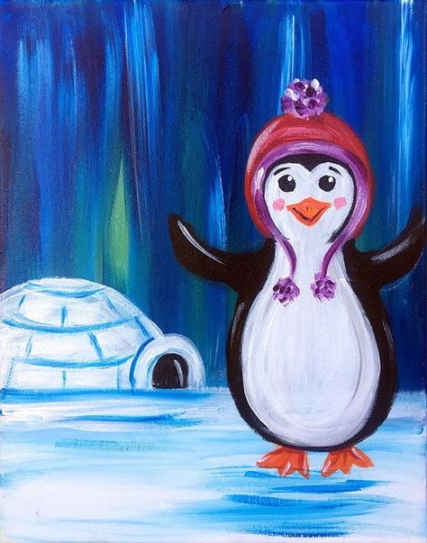 Paint Night For Kids, Penguin Paintings, Penguin Drawing Easy, Painting Activities For Kids, Kids Paint Night, Paintings For Kids, Acrylic Painting For Kids, Winter Drawing, Kids Painting Party