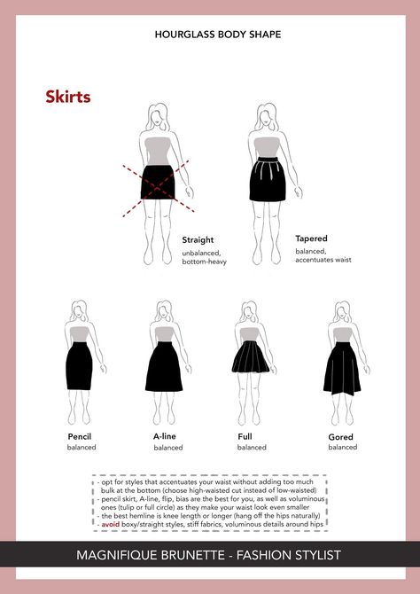 Body Shape Ultimate Guide - Part 4 = HOURGLASS SHAPE - Magnifique Brunette Dressing Full Hourglass Shape, Hourglass Shape Style, Body Shape Guide What To Wear, Body Types Hourglass Style, Best Skirts For Hourglass Shape, Broad Shoulder Hourglass Shape, Necklines For Hourglass Figures, Body Type Hourglass Tips, Petite Hourglass Fashion