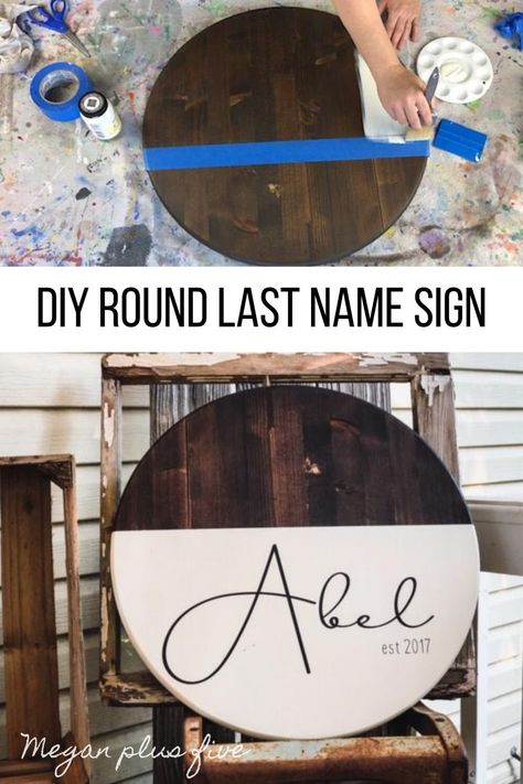 Wood Door Hangers Last Name, Round Wooden Wedding Signs, Round House Signs, Round Signs Wood Diy Last Name, Round Wood Family Signs, Best Paint For Wood Signs, Diy Wooden Signs With Vinyl, Wood Cricut Projects Wooden Signs, How To Make Wooden Signs With Cricut