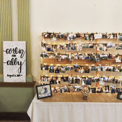 Bride and Groom photo board Bride And Groom Picture Table, Cork Board Photo Display, Wedding Photo Display, Picture Table, Childhood Pictures, Grad Party Decorations, Bride Pictures, Bride And Groom Photo, Photo Board