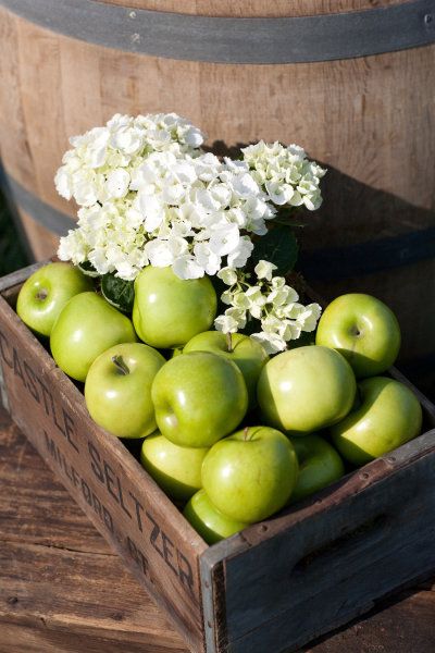 Style Me Pretty | Gallery Apple Table Decorations, Green Apple Wedding, Hydrangea Centerpiece Wedding, White Hydrangea Wedding, Apple Table, Wood Box Wedding, Wood Box Centerpiece, Apple Wedding, Old Crates