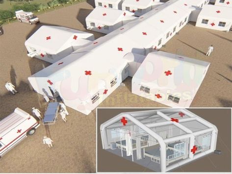 Hospital Inflatable Structure - medical part is conceived as a separate autonomous medical unit with full technical support. It is designed as a modular unit, individual hospital units are autonomous and can be deployed separately.  #hospitalinflatable #inflatablemedicaltent #temporaryshelter Emergency Hospital Design, Sci Fi Hospital Room, Hospital Bed Uk, Inflatable Structure, Big Hospital Building, Temporary Shelter, Field Hospital, Medical Facility, Air Tent