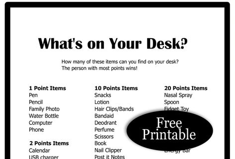 What’s on Your Desk? Free Printable Office/Workplace Game Workplace Games, Kid Holiday Games, Housewarming Party Games, Housewarming Games, Desk Game, Teacher Games, Anniversary Party Games, Graduation Games, Girls Party Games