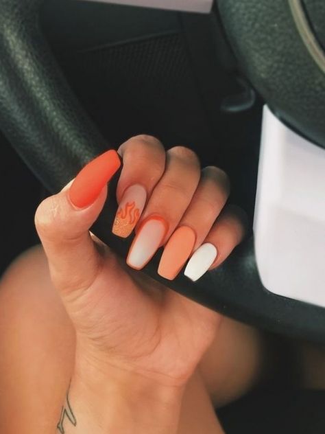 Orange Nails Ideas Acrylic, Matt Orange Nails, Orange Flame Nails, Orange Acrylics, Acrylic Nails Natural, Orange Acrylic Nails, Color Block Nails, Gel Pedicure, French Pedicure