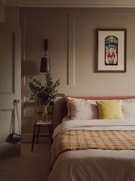 Bedroom With Pink Bed, London Basement, Colored Bedroom, Cozy Reading Room, Pink Headboard, Pink Bed, Victorian Terrace House, Victorian Townhouse, Basement Kitchen