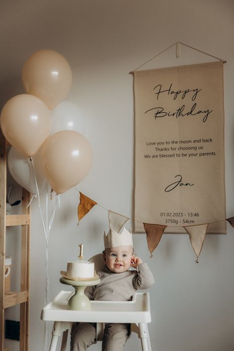 Personalized Birthday Banner Canvas Birthday Boho Wall Art - Etsy 1st Birthday Photo Decorations, Easy 1st Birthday Backdrop, Cozy First Birthday, Baby 1st Birthday Decorations, Neutral First Birthday, Minimal First Birthday Party, Simple 1st Birthday Photoshoot, Baby First Birthday Photo Shoot, Winter Baby Birthday Party