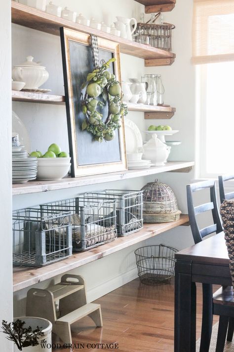 Spring Home Tour by The Wood Grain Cottage - March 2015. Lovely~ Dining Room Shelf, Dining Room Shelves, Dining Room Industrial, Room Shelf, Farmhouse Shelves, Room Shelves, Dining Room Storage, Farmhouse Dining Room, Room Storage