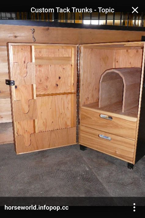 DIY tack trunk Tack Cabinet, Tack Closet, Horse Tack Boxes, Show Cattle Barn, Tack Storage, Tack Locker, Trunk Ideas, Pony Boy, Locker Ideas